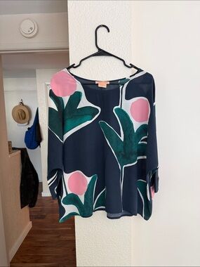 Silk Navy Floral Boatneck Blouse with Pink & Green Motif